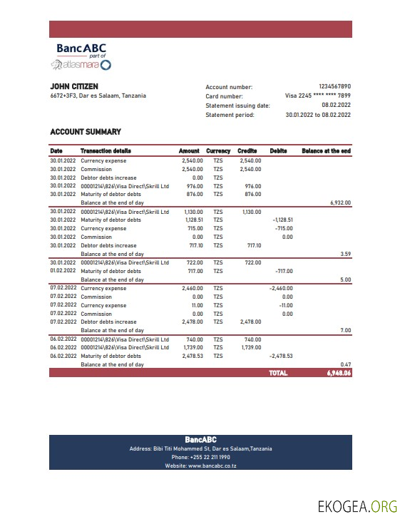 Relevé bancaire BancABC de Tanzanie, modèle Excel et PDF